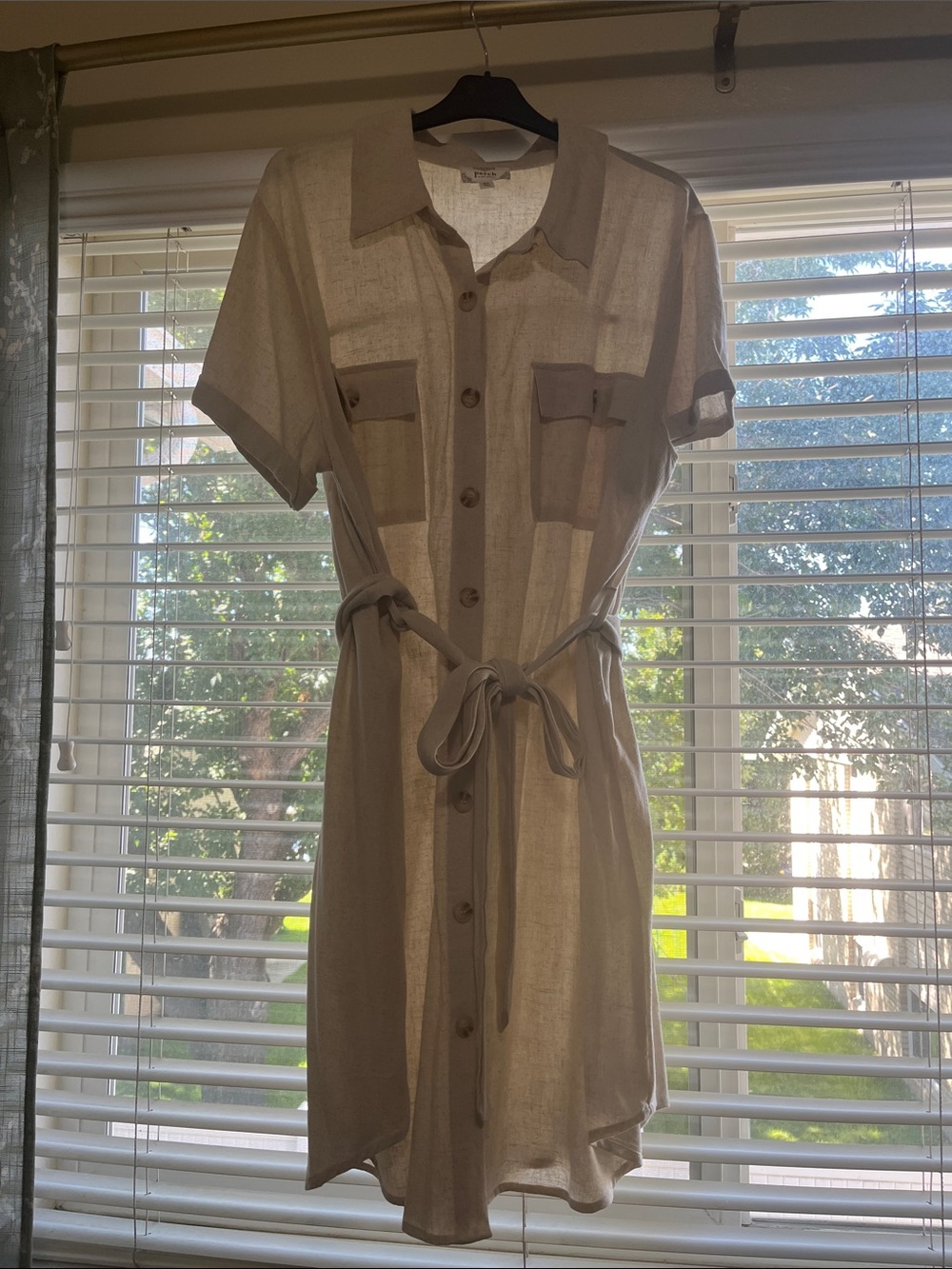 NWOT Blu Pepper Light Taupe Button-Front Tie-Waist Shirt Dress